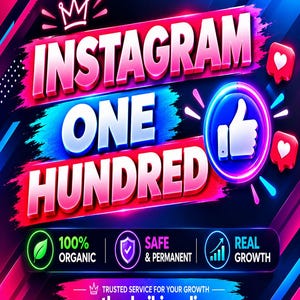 Pode incluir: Um gráfico digital com iluminação neon rosa e azul apresentando o texto INSTAGRAM ONE HUNDRED, um ícone de polegar para cima e corações. Abaixo, uma faixa lista 100% ORGANIC, SAFE & PERMANENT, REAL GROWTH e theshaibimedia.