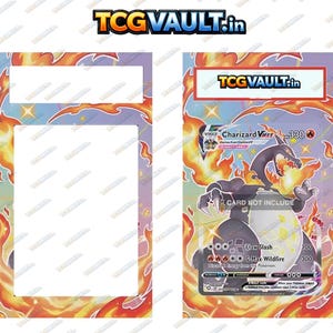 May include: A rectangular display case for a trading card featuring a flame-patterned border in orange, yellow, and purple. The right side shows a Charizard VMAX card illustration with 330 HP, while the left side is a blank white cutout.