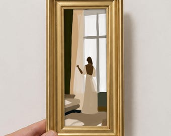 Window Light Oil Painting, Original Small Abstract Interior with a Woman, Bedroom Decor