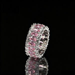 Iced Out Pink Eternity Ring, Oval Cut CZ Pave Band, Silver Statement Ring, Bling Hip Hop Jewelry, Bold Stackable Ring, Gift for Her