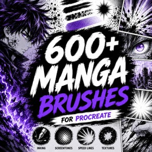 Puede incluir: Una colección digital de más de 600 pinceles manga para Procreate con ilustraciones gráficas en morado y negro. El diseño incluye el texto 600+ MANGA BRUSHES FOR PROCREATE con iconos para entintado, tramas, líneas de velocidad y texturas.