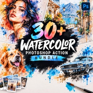 Può includere: Un pacchetto digitale di azioni Photoshop acquerello con un collage di effetti artistici tra cui un ritratto, un paesaggio costiero, un golden retriever e un'auto d'epoca, con il testo 30+ WATERCOLOR PHOTOSHOP ACTION BUNDLE.