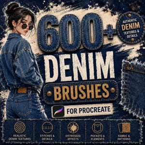 May include: A digital graphic featuring the text 600+ DENIM BRUSHES FOR PROCREATE. The image displays a person wearing a denim jacket and jeans, alongside icons representing realistic denim textures, stitches, distressed effects, and pockets.