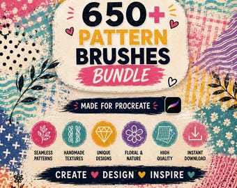 May include: A digital bundle of 650+ pattern brushes for Procreate, featuring a colorful background of various textures and patterns. The text reads 650+ PATTERN BRUSHES BUNDLE, MADE FOR PROCREATE, and CREATE DESIGN INSPIRE with six circular icons.