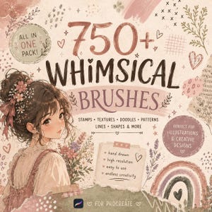 May include: A digital product cover featuring the text 750+ WHIMSICAL BRUSHES, STAMPS, TEXTURES, DOODLES, PATTERNS, LINES, SHAPES & MORE. It includes an illustration of a person with a floral hair accessory, a rainbow, and a note with hand-drawn text.
