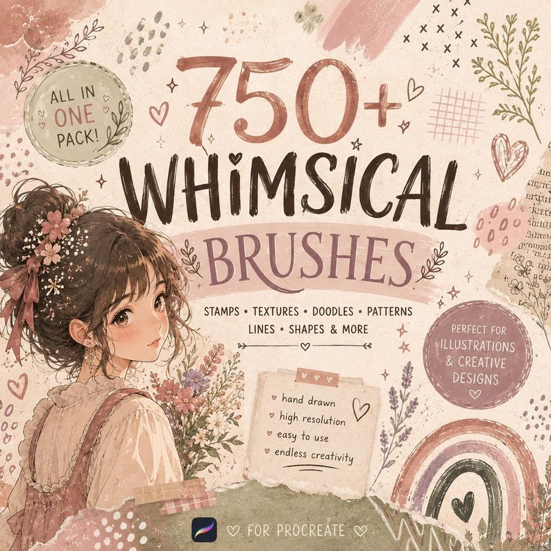 May include: A digital product cover featuring the text 750+ WHIMSICAL BRUSHES, STAMPS, TEXTURES, DOODLES, PATTERNS, LINES, SHAPES & MORE. It includes an illustration of a person with a floral hair accessory, a rainbow, and a note with hand-drawn text.