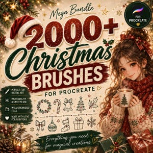 May include: A digital art bundle advertisement titled Mega Bundle 2000+ Christmas Brushes for Procreate. The graphic features a festive illustration of a person holding a mug with a tree design, surrounded by holiday icons like wreaths, candy canes, and snowflakes, with a red Santa hat and gift boxes.