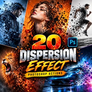 20 Photoshop-åtgärder med dispersionseffekter, fotoeffekter med partikelexplosion, sönderfallsåtgärd, digitala konsteffekter