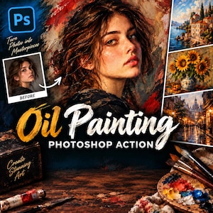 30+ Photoshop-åtgärdspaket med oljemålning | Foto till oljemålningseffekt | Konstnärliga Photoshop-åtgärder | Digitala konsteffekter
