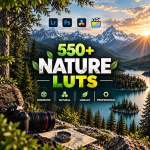 以下が含まれることがあります： 550+ NATURE LUTS、CINEMATIC、NATURAL、VIBRANT、PROFESSIONALというテキストとソフトウェアアイコンが記載されたデジタル製品広告。背景には山岳風景、湖、カメラ、地図上のコンパスが写っています。