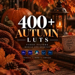 May include: A digital product advertisement featuring the text 400+ AUTUMN LUTS VIDEO FILTERS MOBILE AND DESKTOP. The background displays a pumpkin, a lit lantern, a mug with the text Good Autumn Vibes, and books on a wooden surface.