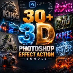 Könnte beinhalten: Eine digitale Grafikwerbung für ein 30+ 3D Photoshop-Effekt-Aktionspaket. Der zentrale Text zeigt 30+ 3D in großen goldenen und blauen metallischen Buchstaben. Die umgebenden Bilder zeigen verschiedene Effekte, darunter einen Löwen, ein Auto und eine Kamera.