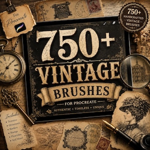 Könnte beinhalten: Eine digitale Produktanzeige mit dem Text 750+ VINTAGE BRUSHES FOR PROCREATE auf schwarzem Hintergrund, umgeben von Vintage-Gegenständen wie einer Taschenuhr, einer Lupe, einem Füllfederhalter und gealterten Papierstücken mit Briefmarken.