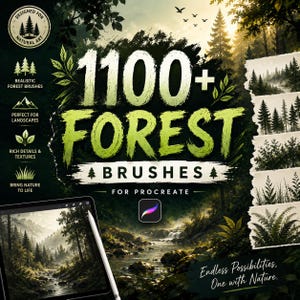 Peut inclure: Une publicité pour un produit numérique comprenant 1100+ brosses de forêt pour Procreate, avec une tablette affichant un paysage forestier, le logo Procreate et une bande verticale d'échantillons de traits incluant arbres et fougères.
