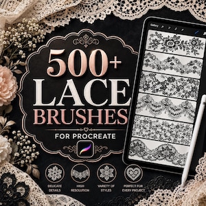 Könnte beinhalten: Ein digitales Tablet zeigt eine Sammlung von schwarz-weißen Spitzenmuster-Pinseln für Procreate. Auf dem Bildschirm sind sechs verschiedene florale und geometrische Spitzendesigns zu sehen. Der Text lautet 500+ LACE BRUSHES FOR PROCREATE.