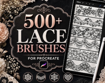 May include: A digital tablet displaying a collection of black and white lace pattern brushes for Procreate. The screen shows six distinct floral and geometric lace designs. The text reads 500+ LACE BRUSHES FOR PROCREATE with icons below.