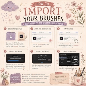 May include: An instructional infographic titled HOW TO IMPORT YOUR BRUSHES with six numbered steps for Procreate. It features illustrations of a purple cloud, flowers, and a mug with pens. The text explains downloading, locating, and tapping files.