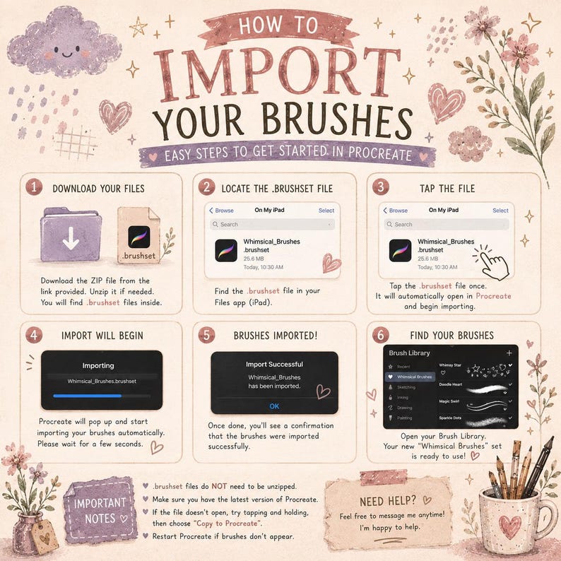 May include: An instructional infographic titled HOW TO IMPORT YOUR BRUSHES with six numbered steps for Procreate. It features illustrations of a purple cloud, flowers, and a mug with pens. The text explains downloading, locating, and tapping files.