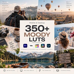 Puede incluir: Un anuncio de producto digital para 350+ Moody LUTs con un collage de fotografías de viajes que incluye globos aerostáticos, un fotógrafo, una escena costera y un lago. El texto incluye Mobile & Desktop, 350+ Moody LUTs e iconos de software.
