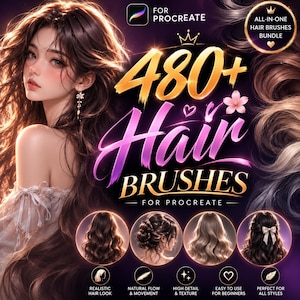 May include: A digital graphic for a Procreate hair brush bundle featuring a portrait of a person with long wavy brown hair. The text reads 480+ Hair BRUSHES FOR PROCREATE, with smaller icons and text highlighting realistic hair looks and textures.