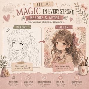 May include: A digital product advertisement titled SEE THE MAGIC IN EVERY STROKE BEFORE & AFTER 750+ WHIMSICAL BRUSHES FOR PROCREATE. It displays a line art sketch labeled BEFORE and a colored illustration labeled AFTER of a character with long hair.