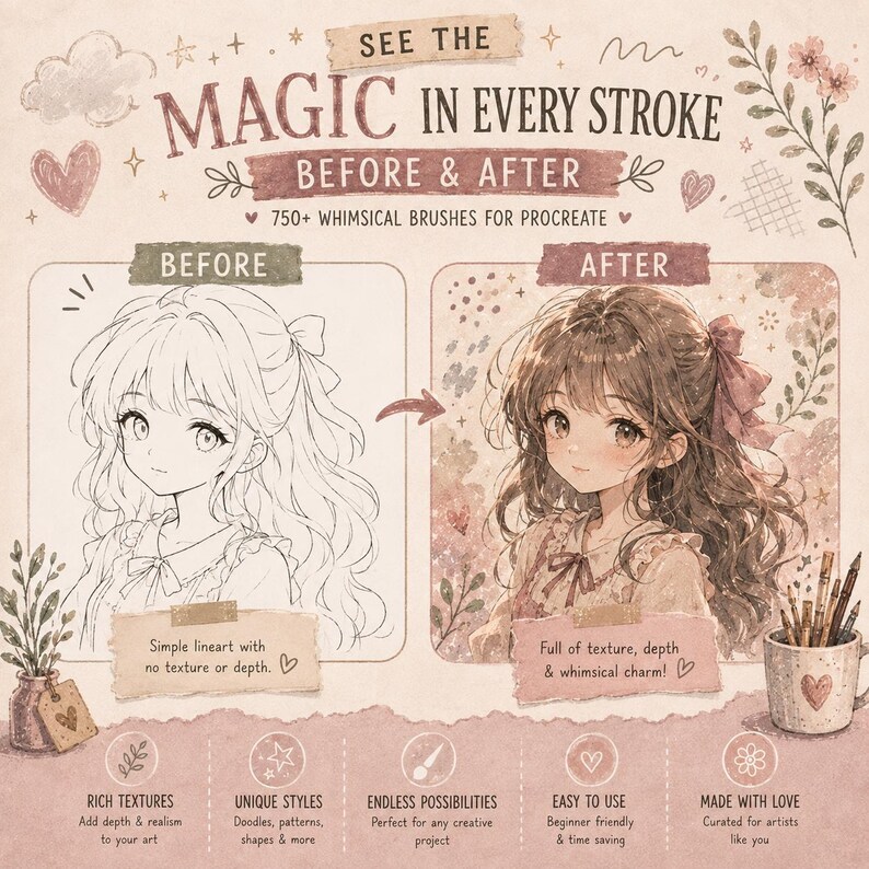 May include: A digital product advertisement titled SEE THE MAGIC IN EVERY STROKE BEFORE & AFTER 750+ WHIMSICAL BRUSHES FOR PROCREATE. It displays a line art sketch labeled BEFORE and a colored illustration labeled AFTER of a character with long hair.