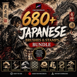 May include: A digital bundle for Procreate featuring 680+ Japanese brushes and stamps. The graphic displays a samurai, a dragon, and a pagoda with text reading 680+ JAPANESE BRUSHES & STAMPS BUNDLE. Includes icons for ink, waves, patterns, flowers, and lettering.