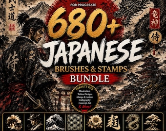 May include: A digital bundle for Procreate featuring 680+ Japanese brushes and stamps. The graphic displays a samurai, a dragon, and a pagoda with text reading 680+ JAPANESE BRUSHES & STAMPS BUNDLE. Includes icons for ink, waves, patterns, flowers, and lettering.