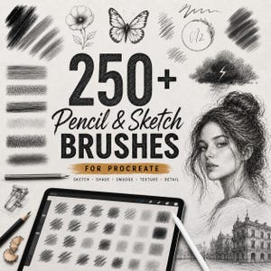 May include: A digital collection of 250+ Pencil & Sketch Brushes for Procreate featuring various graphite-style stroke samples, a butterfly, a flower, a storm cloud, and a portrait sketch displayed on a tablet screen with a stylus.