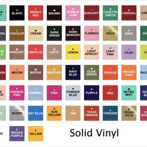 May include: A color chart featuring 48 solid vinyl colors, each displayed in a square with the color name in white text. Colors range from Aqua Mint to Viva Magenta, with a variety of shades and hues.
