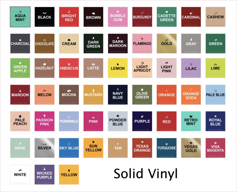 May include: A color chart featuring 48 solid vinyl colors, each displayed in a square with the color name in white text. Colors range from Aqua Mint to Viva Magenta, with a variety of shades and hues.