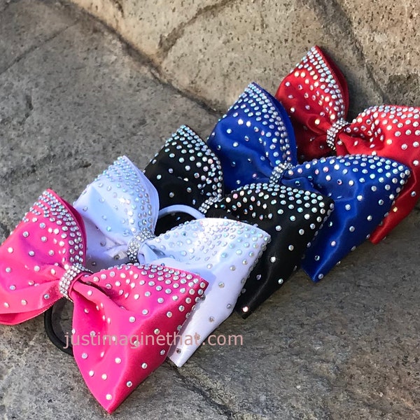 Tailless Cheer Bows Satin over Grosgrain with Luxe Rhinestones 3"x6"