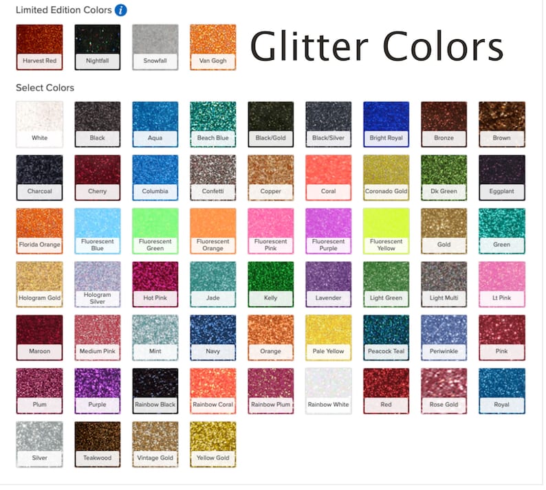 May include: A color chart displaying a wide array of glitter colors. The image is divided into two sections: "Limited Edition Colors" and "Select Colors." Each color is represented by a small square with the color name below it. The text "Glitter Colors" is at the top.