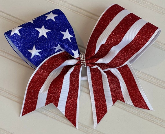 Flag Cheer Bow Red White Blue Shiny Glitter Flag Americana Bow