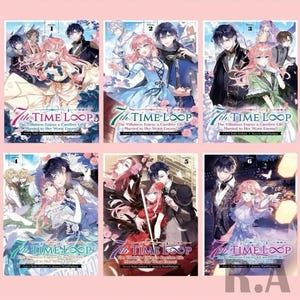 Op de afbeelding: Een collectie van zes light novels getiteld 7th Time Loop: The Villainess Enjoys a Carefree Life Married to a Worst Enemy! Elke boekomslag bevat kleurrijke illustraties in anime-stijl van een personage met roze haar en een met zwart haar.