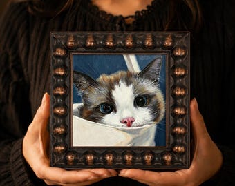 Dipinto ad olio "Gatto in un sacco", miniatura dipinta a mano, 4x4 o 6x6 o 8x8