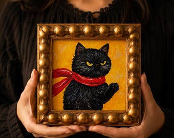 Black Cat Mini Acrylic Painting, Original Design Hand-Painted Impasto Framed Art