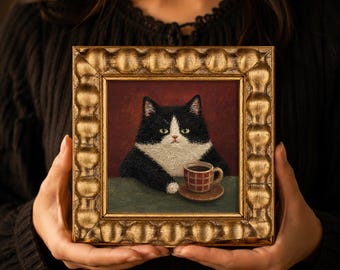 Cuadro al óleo de gato esmoquin con taza de café / Marco dorado antiguo, arte de gato pintado a mano