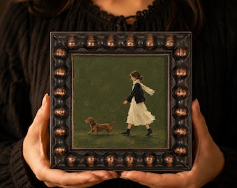 Hand-Painted Woman Walking Dachshund Original Oil Painting