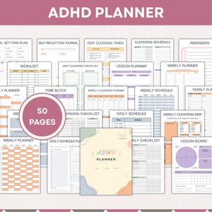 Op de afbeelding: Een verzameling van 50 pagina's voor een ADHD-planner, met diverse sjablonen zoals doelstellingen, schoonmaakschema's, dag- en weekplanners en vision boards. De pagina's hebben een zacht kleurenpalet en duidelijke Engelse koppen.