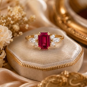 Anillo de compromiso de rubí rojo de laboratorio de 4 quilates, anillo de compromiso vintage de oro rosa con corte esmeralda, anillo de compromiso con moissanita, anillo de novia, anillo de promesa, anillo de aniversario.