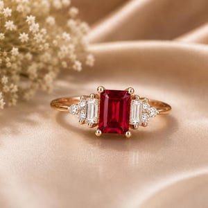 Lab Red Ruby Engagement Ring 3ct Emerald Cut Vintage Rose Gold Engagement Cluster Ring Moissanite Bridal Ring Promise Ring Anniversary