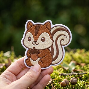 Chipmunk Embroidered Iron On Patch, Woodland Animal Applique with Acorn
