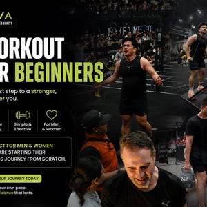 May include: A promotional graphic for Kova fitness training featuring the text Workout for Beginners, Your first step to a stronger, healthier you, and Start your journey today. The layout includes icons for beginner friendly, simple and effective, and for men and women, alongside photographs of individuals performing various gym exercises.