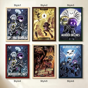 May include: Six framed posters featuring Murder Drones characters in various artistic styles. The prints display scenes with robotic figures, glowing purple eyes, and text including Murder Drones, Shock and Terror, and It Came From Copper 9.