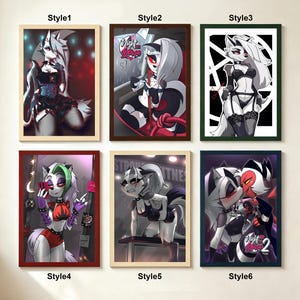 May include: Six framed digital art prints featuring an anthropomorphic wolf character in various outfits and settings. Styles include a dark corset, a red-accented outfit with text Night Loona, a black and white lingerie set, a gym outfit, and a romantic scene with text Night Loona 2.