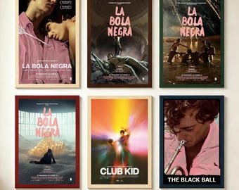 Puede incluir: Seis pósteres de películas enmarcados dispuestos en una cuadrícula. Los estilos 1-4 presentan el título La Bola Negra en texto rosa. El estilo 5 muestra Club Kid con un destello de luz. El estilo 6 muestra The Black Ball con una trompeta.