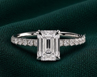 Anniversary Wedding Bridal Moissanite Ring, 14K White Gold 1.9Ct VVS1/D Emerald Cut Moissanite Ring, Promise Engagement Gift Women's Jewelry