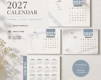 Calendario 2027 stampabile in PDF / Calendario da parete minimalista in formato A4 / Agenda annuale digitale scaricabile