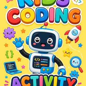 May include: A yellow activity book cover titled KIDS CODING ACTIVITY BOOK in colourful bubble letters. The design features a central white and blue robot character waving, surrounded by small icons including a laptop, rocket, gear, and magnifying glass.